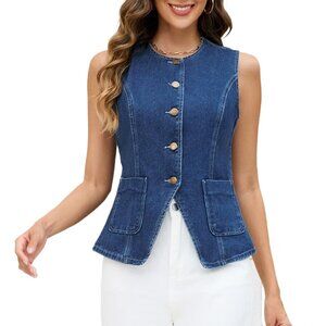 Women’s Sleeveless Denim Vest Crop Top Casual Western Button Down